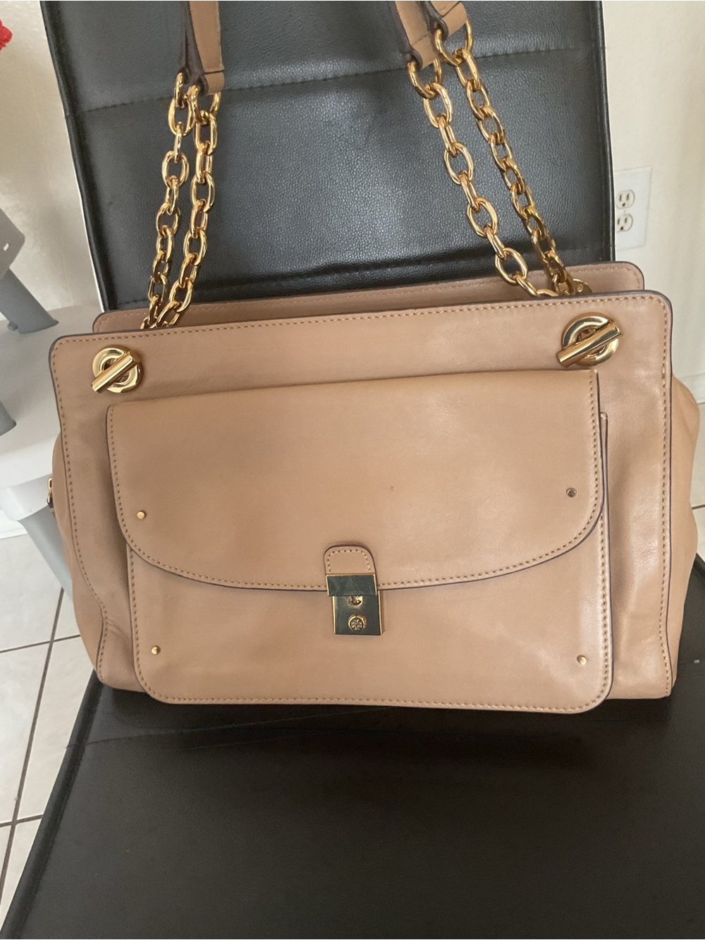 Tory Burch Taupe Leather Shoulder Bag with Gold Chain Straps